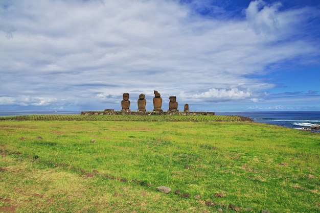 Foto rapa nui. la estatua de moai en ahu tahai en la isla de pascua, chile