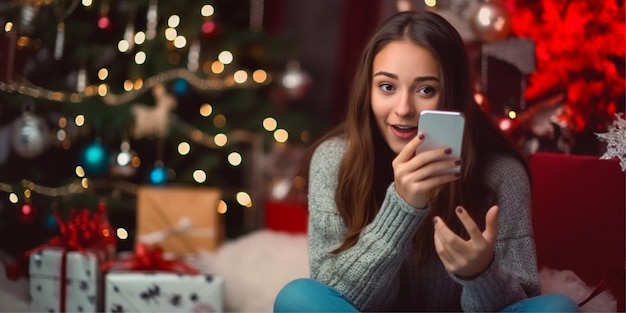 rapariga a falar ao telefone no fundo do Natal