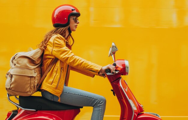 Foto rapariga a montar um ciclomotor vermelho com um saco de compras