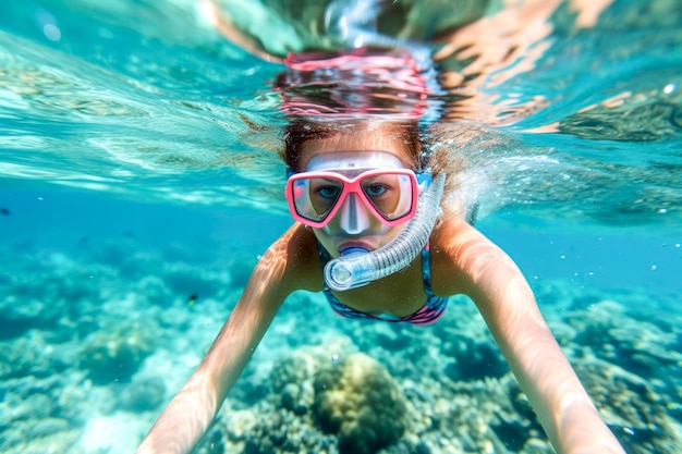 rapariga a praticar mergulho com snorkel férias conceito conceito desporto