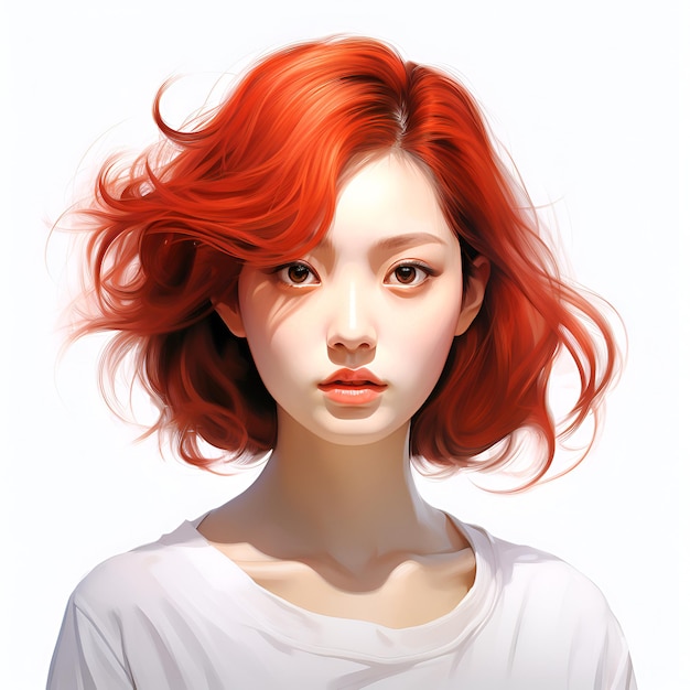 rapariga asiática com cabelo vermelho retrato de uma jovem mulher bonita em um fundo branco