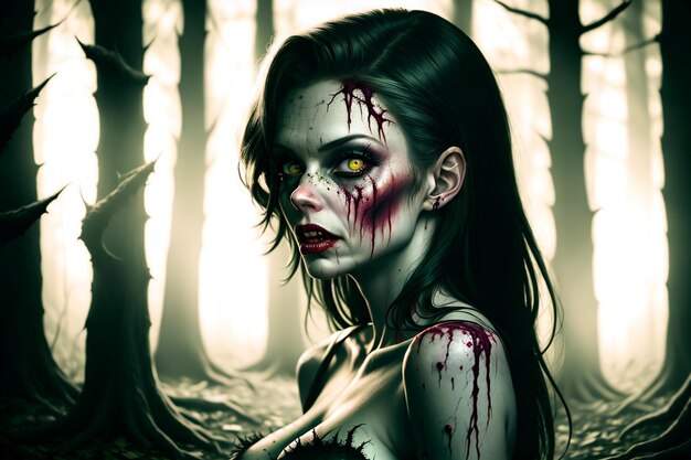 Foto rapariga bruxa de halloween com sangue
