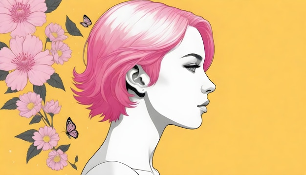 rapariga com cabelo rosa e flores