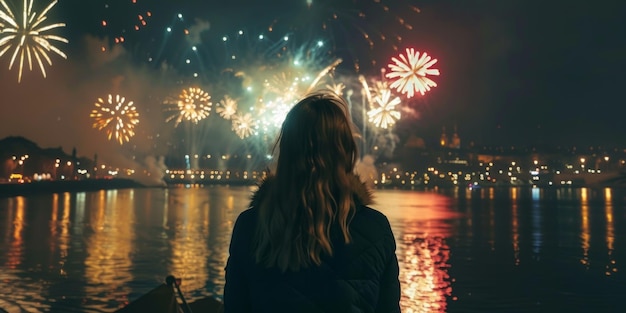 Foto rapariga contra o fundo de fogos de artifício no céu ia generativa