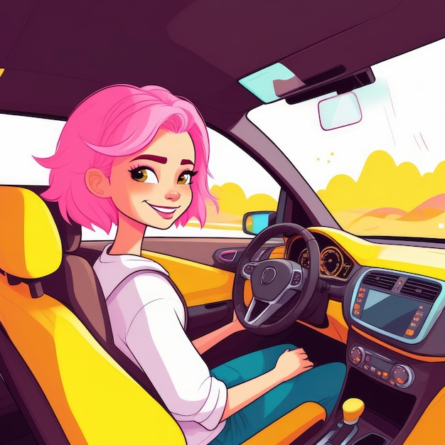 Foto rapariga de cabelo rosa a conduzir um carro amarelo o conceito de humor de verão coragem individualidade liberdade criatividade romance de vanguarda