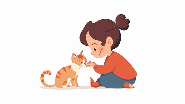 Foto rapariga de desenho animado a acariciar um gato com a mão