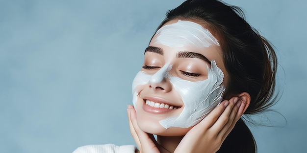 rapariga do spa com expressão facial satisfeita a aplicar máscara facial de barro tratamentos de beleza sobre costas azuis