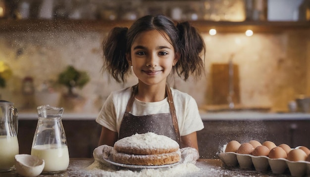 rapariga feliz a cozinhar um bolo