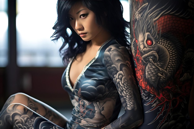 Foto rapariga japonesa com tatuagens de dragões.