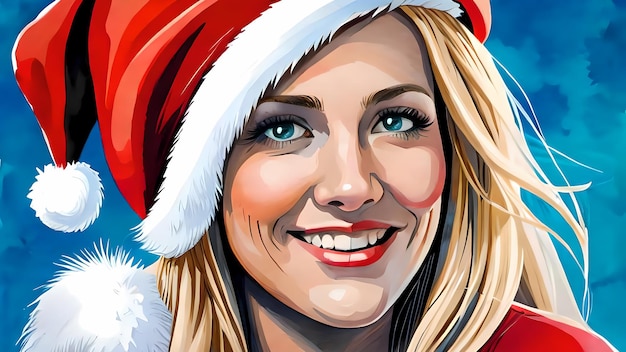 Rapariga loira sorridente com chapéu de Papai Noel Ilustração de IA gerativa para o Natal