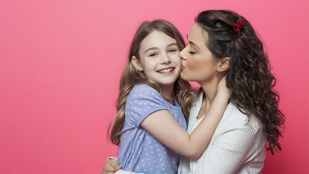 Rapariga pré-adolescente relaxada abraçando com a mãe mãe jovem e cativante beijando a filha em fundo rosa