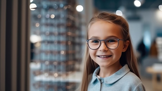 Rapariga sorridente com visão elegante a escolher óculos num salão de óptica