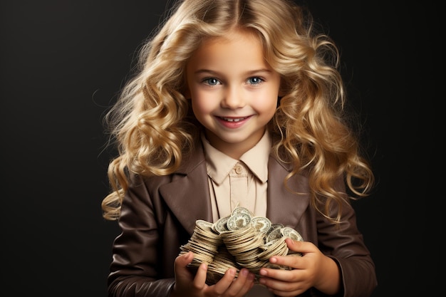 Foto rapariga sorridente gananciosa olhando astuto e segurando dinheiro de pé fundo branco arco c v