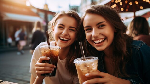 raparigas bonitas a divertirem-se num café