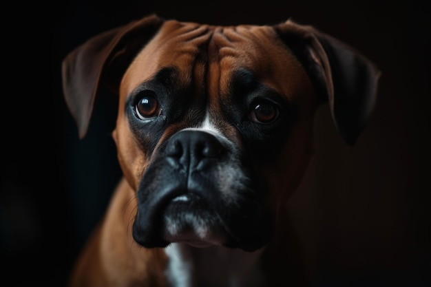 Rapaz adorável bonito retrato de cão boxeador com o olhar de curiosidade