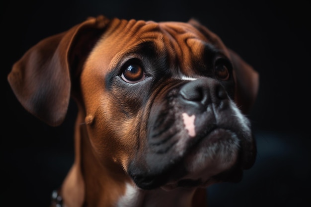 Rapaz adorável bonito retrato de cão boxeador com o olhar de curiosidade
