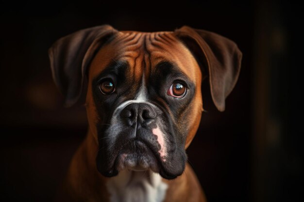 Foto rapaz adorável bonito retrato de cão boxeador com o olhar de curiosidade