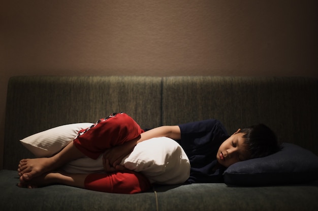 Rapaz asiático dormindo no sofá enquanto abraça um travesseiro