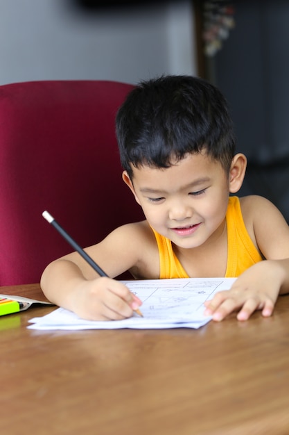 Rapaz asiático está fazendo sua lição de casa, conceito de estudar ao vivo em casa.