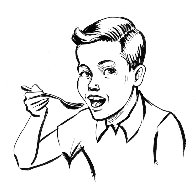 Rapaz comendo com colher. Desenho de tinta preto e branco