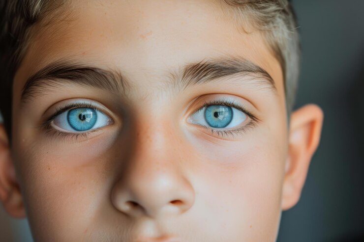 Foto rapaz de olhos azuis a olhar para a câmara