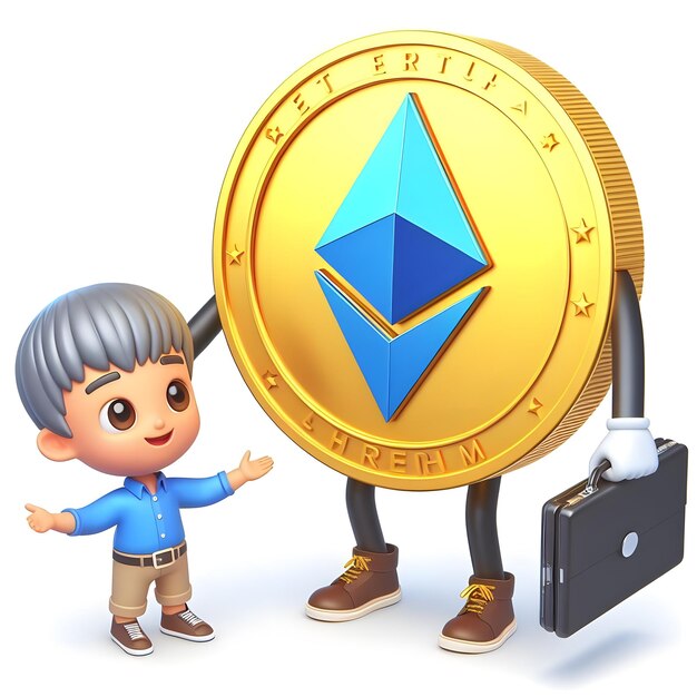 Rapaz de renderização 3D com moeda Ethereum Com fundo branco isolado