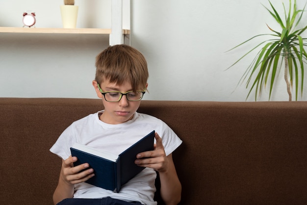 Rapaz está sentado no sofá e lendo um livro. Educação dos filhos em casa. Educação escolar em casa.