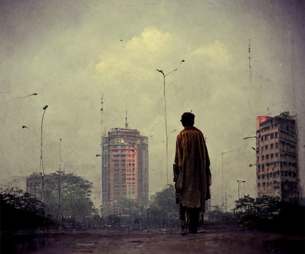 Rapaz olhando para a cidade, grandes edifícios, arte digital