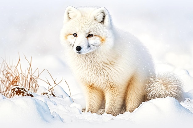 Raposa ártica animal pequeno com pelo grosso brincando na neve