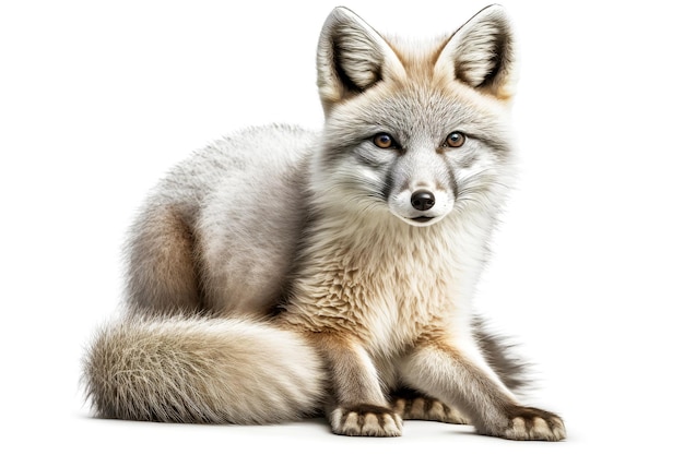 Raposa ártica intrigante com patas cinzentas e cabeça redonda isolada no fundo branco