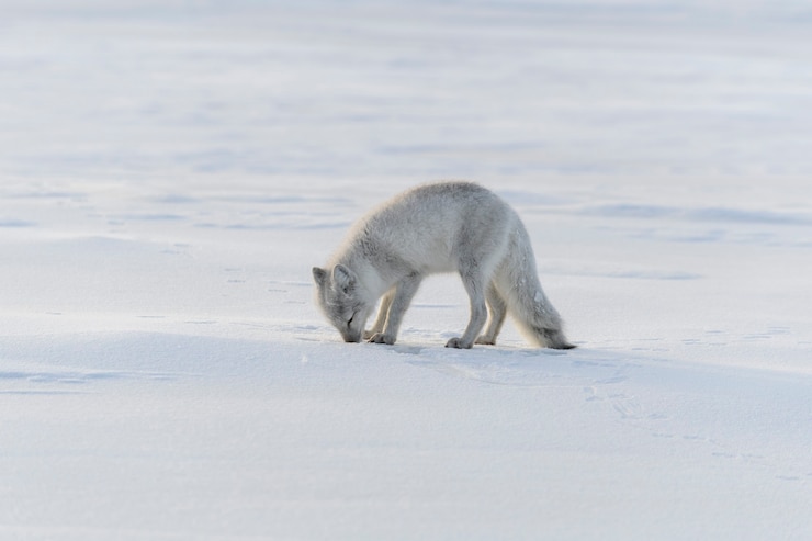 Foto raposa ártica selvagem (vulpes lagopus) na tundra no inverno.