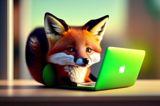 Raposa bonita com laptop em fundo verde renderização 3D