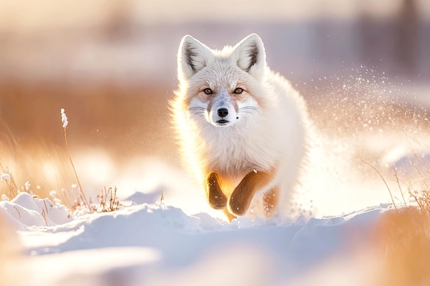 Raposa do Ártico atravessa campo coberto de neve fazendo ondas com patas