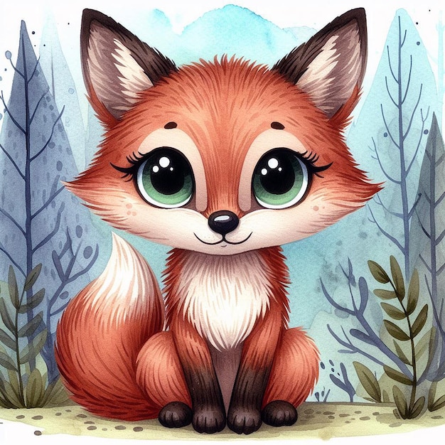 raposa doce na floresta de aquarelas