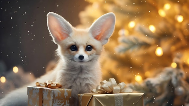 Raposa fennec super fofa com imagem gerada por AI de caixa de presente de Natal