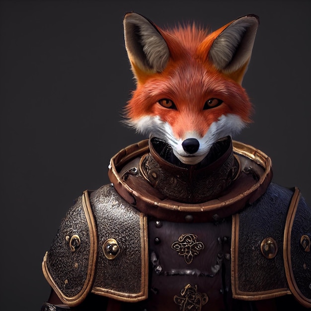 raposa guerreira antropomórfica com renderização 3d de armadura de soldado medieval