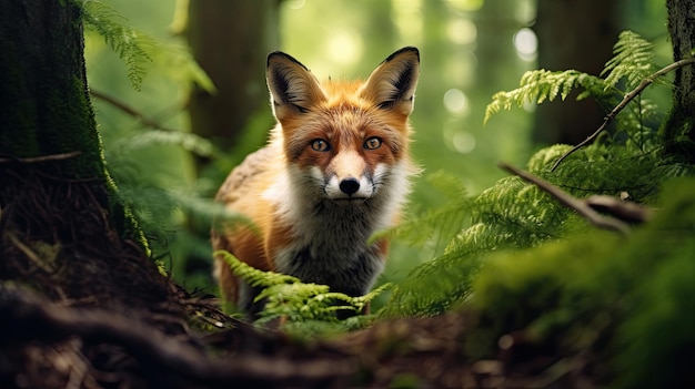 Raposa na floresta com folhagem verde