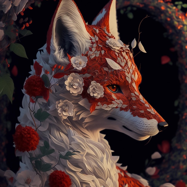 Foto raposa realista feita de flores e vinhas com resolução 8k gerada por ia