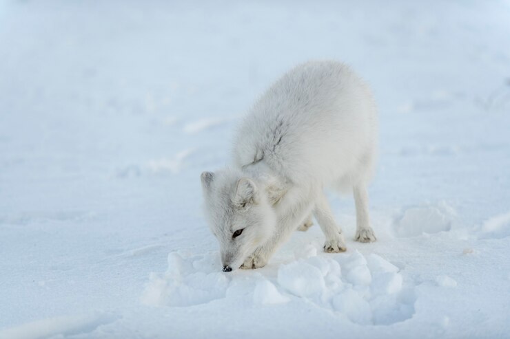Foto raposa selvagem do ártico com plástico no pescoço na tundra de inverno problema ecológico poluição do plástico