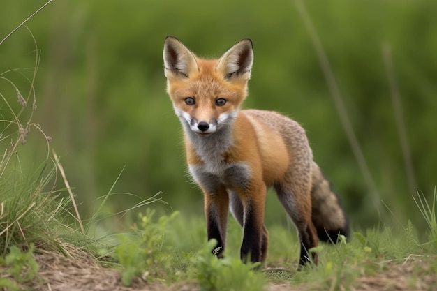 Raposa vermelha juvenil em pé na grama