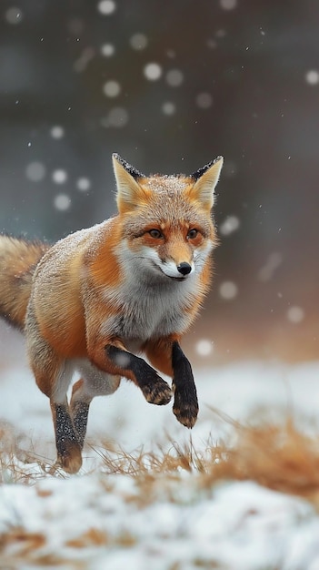 Raposa vermelha na neve correndo através da neve profunda caçando pulando cena da vida selvagem da natureza