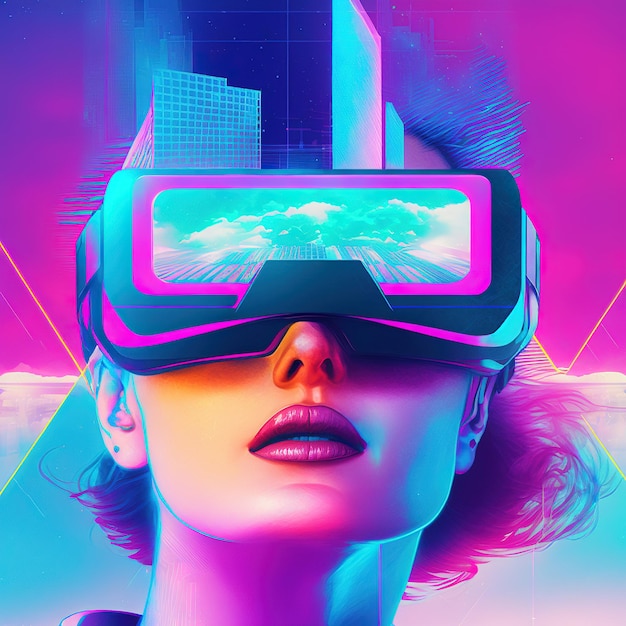 Foto raposo retrato de chica jugador cyberpunk de estilo retro con neón y iluminación futurista usando auriculares vr que muestran paisajes urbanos mundo virtual doble exposición por generative ai