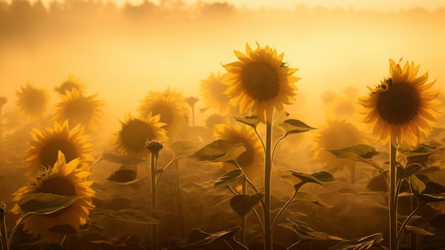 Rapsodia mística La danza etérea de los girasoles en medio de niebla y luz suave