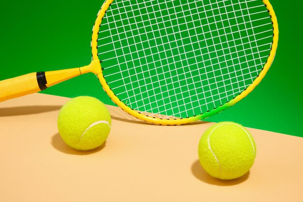 Raqueta amarilla y dos bolas de tenis sobre un fondo verde Diferentes artículos para jugar