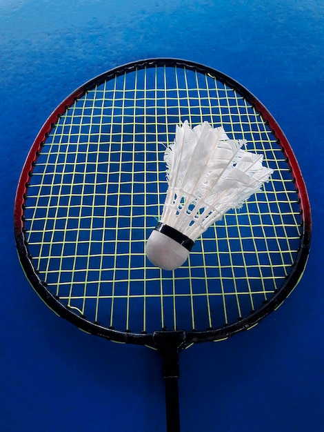 Raqueta de bádminton y volante sobre fondo azul.