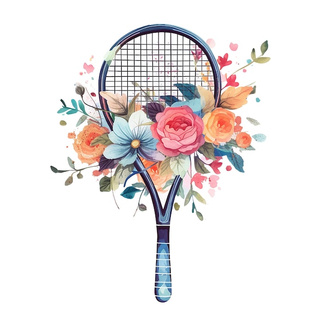 Raqueta de tenis acuarela con imágenes prediseñadas de flores sobre un fondo blanco