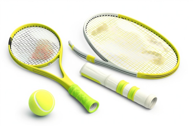 Una raqueta de tenis amarilla y blanca con mango verde y una pelota amarilla sobre fondo blanco.