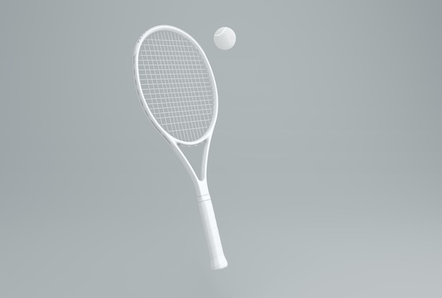 Foto raqueta de tenis blanca y pelota en un fondo de estudio gris concepto mínimo renderización monocromática en 3d