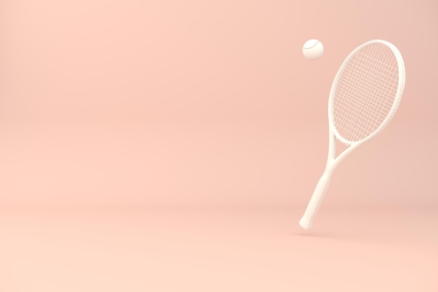 Raqueta de tenis blanca y pelota sobre fondo rosa 3d renderizado Concepto mínimo