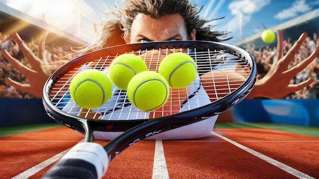 Raqueta de tenis con bolas amarillas